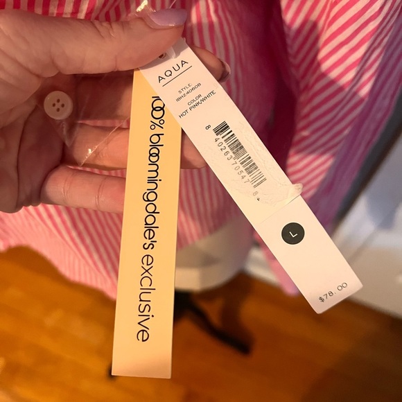 Bloomindales Aqua Pink Striped Button Down Shirt, Size Large, new with tags - Picture 2 of 4